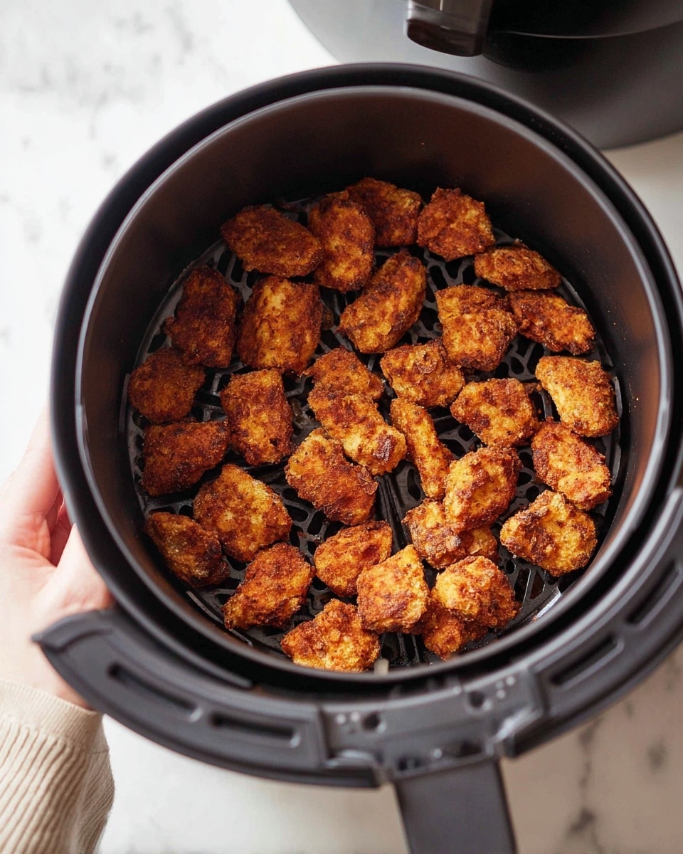 Inside a black air fryer basket, there are many small, irregularly shaped pieces of golden-brown crispy fried food, each piece showing a textured surface with darker fried spots indicating crunchiness. The fried pieces are spread evenly over the bottom grid of the air fryer, filling it with a warm, inviting color. A woman's hand holds the black air fryer basket from the outside. The whole setting is placed on a white marbled surface. photo taken with an iphone --ar 4:5 --v 7