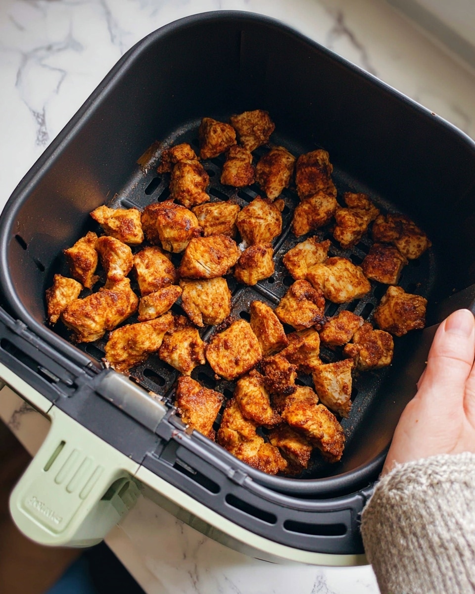The image shows many small pieces of cooked chicken inside a black air fryer basket. The chicken pieces have a golden-brown and crispy texture with uneven shapes and sizes, spread out flat over the basket's black surface with some holes and lines visible beneath them. A woman's hand is holding the air fryer basket handle, which is light green with ridges. The background is a white marbled texture with part of a countertop visible. photo taken with an iphone --ar 4:5 --v 7