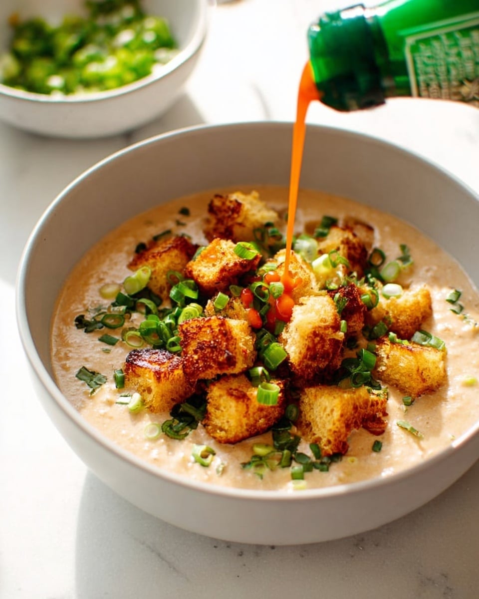 A white bowl filled with a thick, creamy beige soup as the bottom layer, topped with crispy golden-brown croutons arranged in the center. Bright green chopped scallions and herbs are scattered over the soup and croutons, adding a fresh contrast. A green bottle is pouring a bright orange liquid, likely hot sauce, onto the croutons. The bowl sits on a white marbled surface, with part of another white bowl filled with more green chopped scallions visible in the background. Photo taken with an iphone --ar 4:5 --v 7