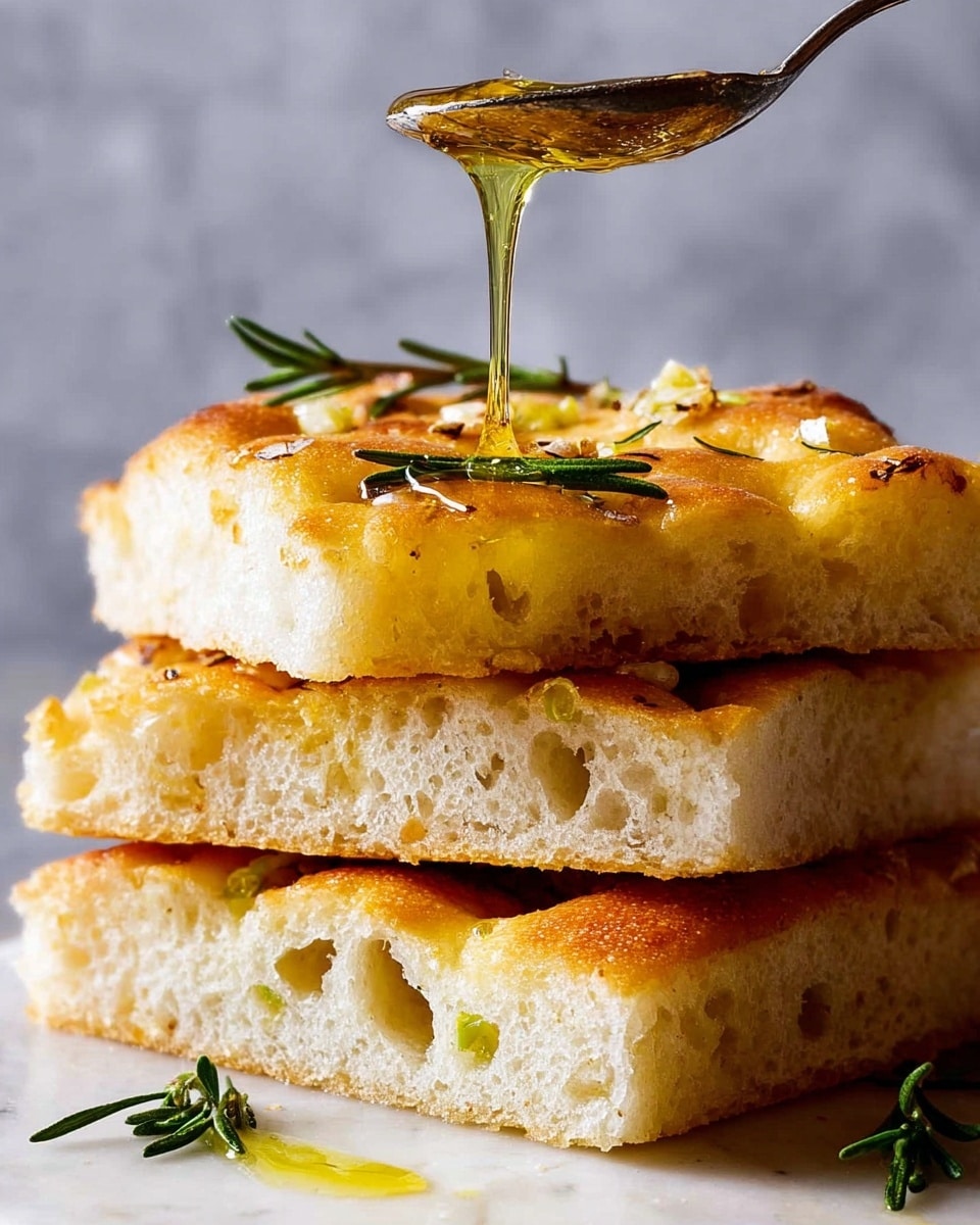 The image shows a stack of three thick, golden focaccia bread pieces with a soft, airy texture and small holes inside. The bread has a light brown crust with a slightly shiny, oily surface, sprinkled with small bits of roasted garlic and green rosemary leaves placed on top and around it. A spoon above the stack slowly drizzles a shiny, golden liquid, likely honey or oil, that glistens as it falls onto the bread. The whole scene is set against a blurred light grey background with a white marbled surface underneath. photo taken with an iphone --ar 4:5 --v 7