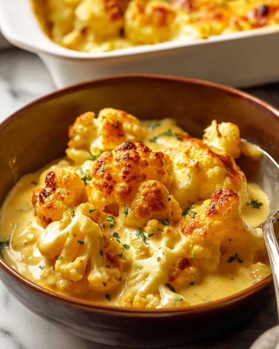 A brown bowl filled with creamy yellow cauliflower cheese, where pieces of slightly browned, baked cauliflower are covered in a thick, smooth cheese sauce. The cauliflower heads show some golden, crispy edges, with light green herb specks sprinkled on top. A silver spoon is partially visible on the right side inside the bowl, all sitting on a white marbled surface. In the background, there is a white baking dish filled with more cauliflower cheese, showing a bubbly and golden cheesy top layer. photo taken with an iphone --ar 4:5 --v 7