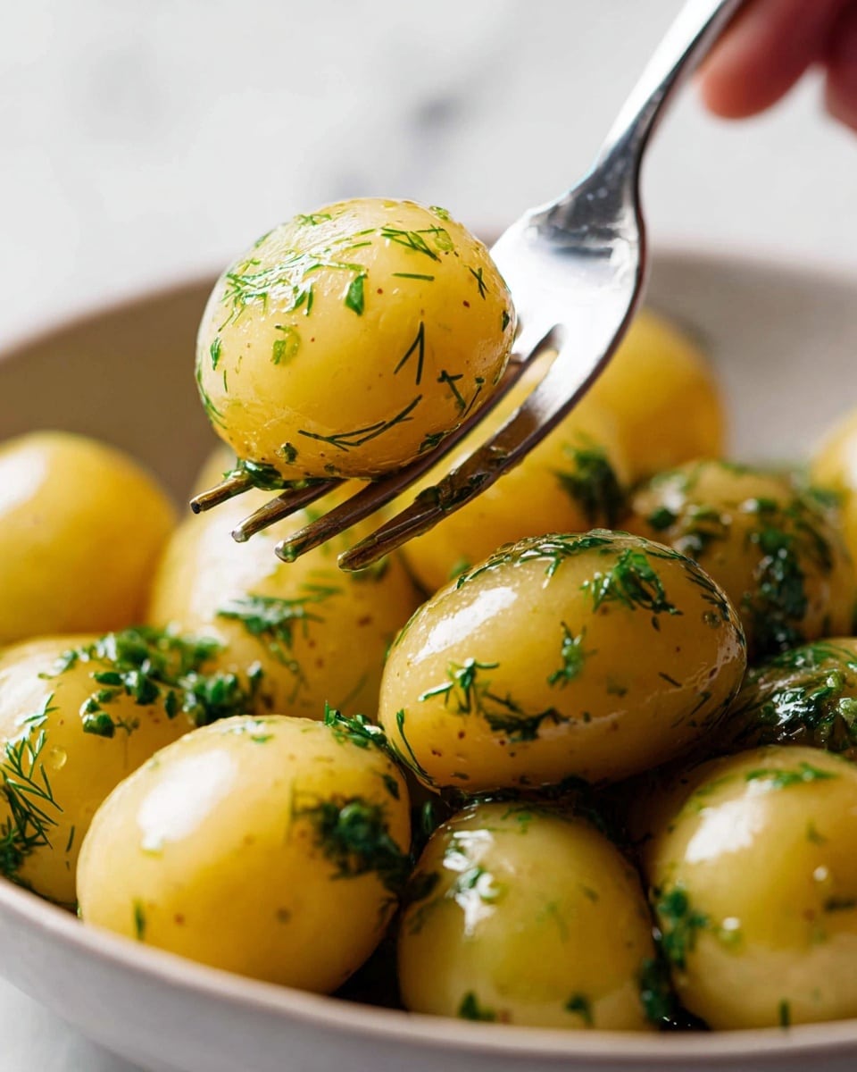 A close-up image of a bowl filled with small, round boiled baby potatoes with light brown skin. The potatoes are covered in green chopped herbs, mainly dill, scattered evenly across the pile. A visible dot of melting butter sits on one potato near the center of the image. The bowl is white and placed on a white marbled surface, giving a clean, fresh background. The focus is tight on the potatoes, highlighting their smooth, slightly shiny texture and the fresh herbs. Photo taken with an iphone --ar 4:5 --v 7