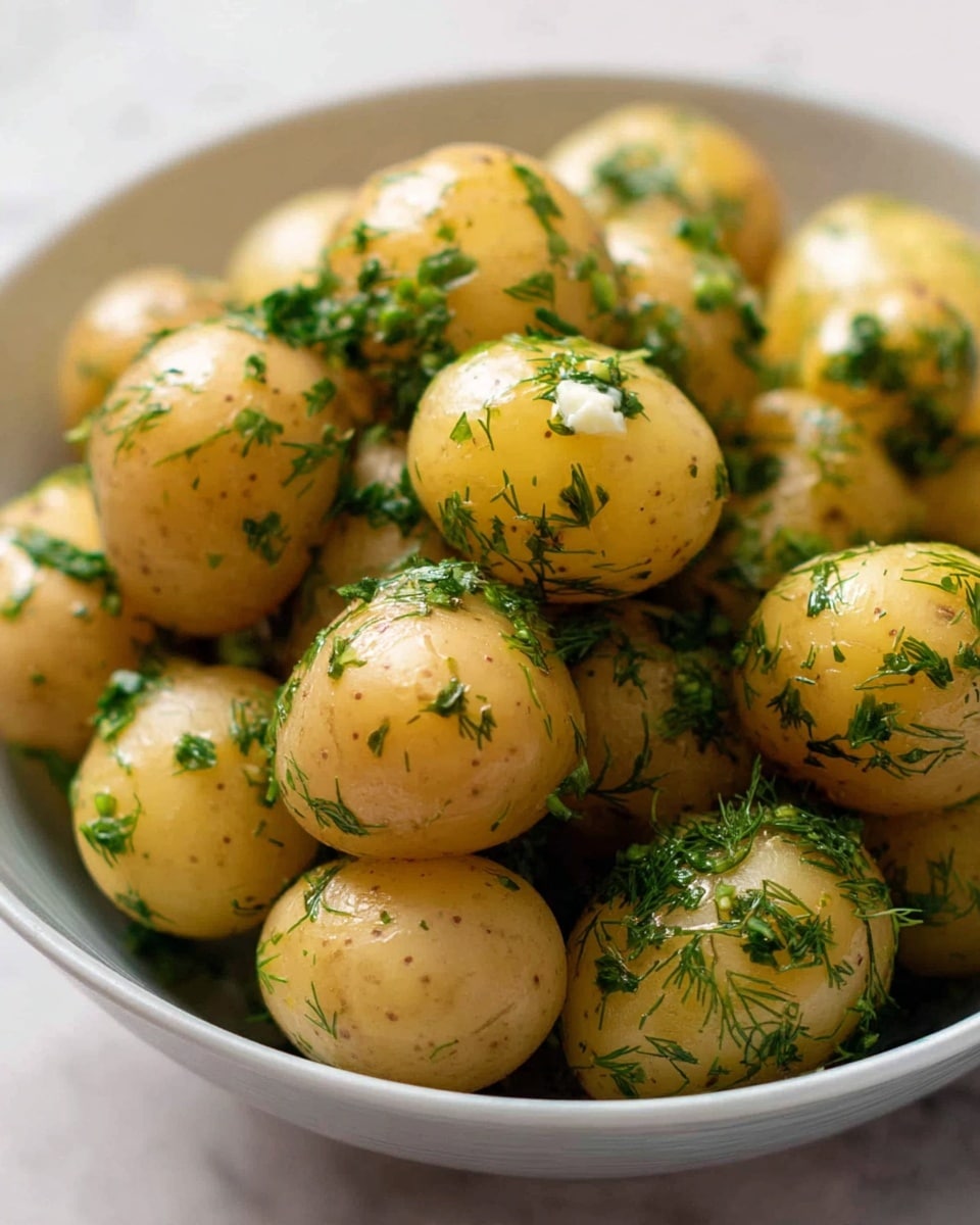 Close-up of several small boiled potatoes coated with glossy melted butter and sprinkled with finely chopped green herbs, mostly dill, covering their smooth yellow-brown skins. A woman’s hand holds a silver fork lifting one potato above the rest, showing its shiny, moist surface and delicate herb details. The potatoes fill a white bowl, sitting on a white marbled surface, with soft natural light highlighting the textures and colors. Photo taken with an iphone --ar 4:5 --v 7