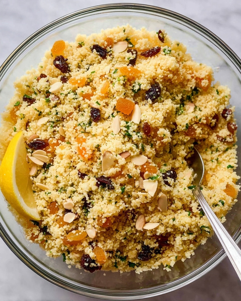 A clear glass bowl full of couscous mixed with small pieces of orange-colored dried apricot, dark small raisins, chopped green herbs, and light slivered almonds. The couscous grains are pale yellow and fluffy, filling most of the bowl in an even layer. A silver spoon is placed inside the bowl on the right side, partially buried in the couscous mixture. A wedge of lemon sits on the left edge of the bowl, adding a bright yellow touch. The background is a white marbled surface, making the colors in the bowl stand out clearly. photo taken with an iphone --ar 4:5 --v 7