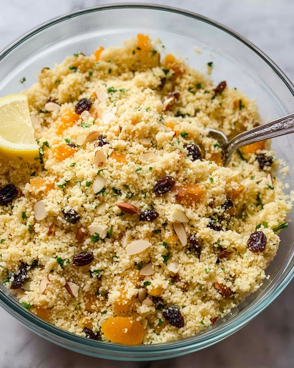 A clear glass bowl filled with a fluffy light yellow couscous salad mixed with small dark raisins, bright orange small apricot pieces, and slivered light brown almonds. There are small bits of green herbs scattered throughout the couscous. A metal spoon is partly buried in the salad on the right side, and a lemon wedge is placed on the left inner edge of the bowl. The bowl sits on a white marbled surface. photo taken with an iphone --ar 4:5 --v 7