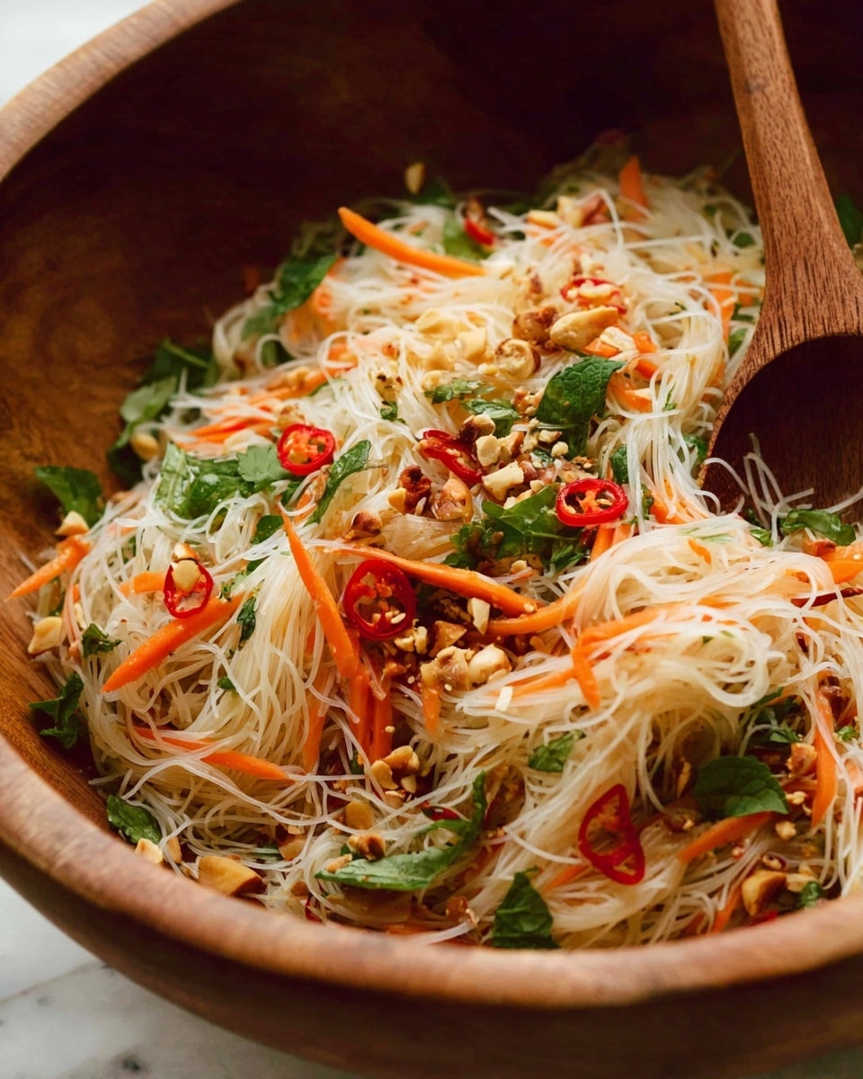 The image shows a wooden bowl filled with a fresh noodle salad, featuring thin white rice noodles forming the base layer with a soft, light texture. Mixed throughout are bright orange thin carrot strips, green herb leaves, and sliced red chili peppers scattered on the top for bursts of color. Small pieces of crushed nuts and bits of toasted brown ingredients are sprinkled evenly over the dish, adding texture and contrast. A wooden spoon rests partly inside the bowl on the right side, all sitting on a white marbled surface. photo taken with an iphone --ar 4:5 --v 7