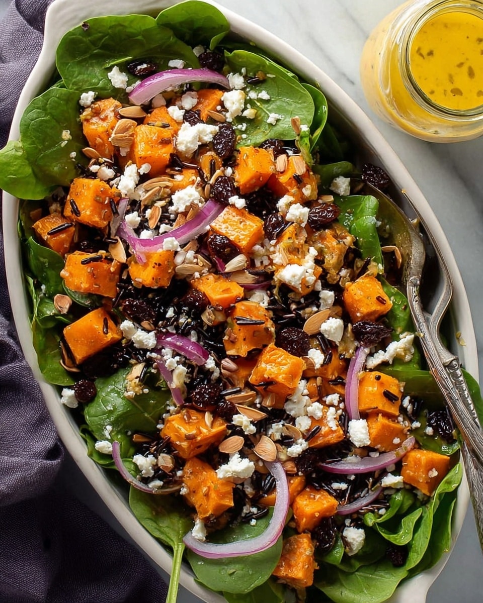 A close-up view of a salad served in a white oval dish filled with fresh spinach leaves as the bottom layer, topped with a mix of cubed orange roasted sweet potatoes, thin rings of light purple red onion, and scattered dark wild rice grains. Over this are sprinkled white crumbled feta cheese and thin, light brown almond slices, with small dark raisins spread across the top, giving a colorful texture contrast. The salad is set on a white marbled surface, with a silver fork resting inside the dish and a glass jar containing a yellow dressing nearby. Photo taken with an iphone --ar 4:5 --v 7