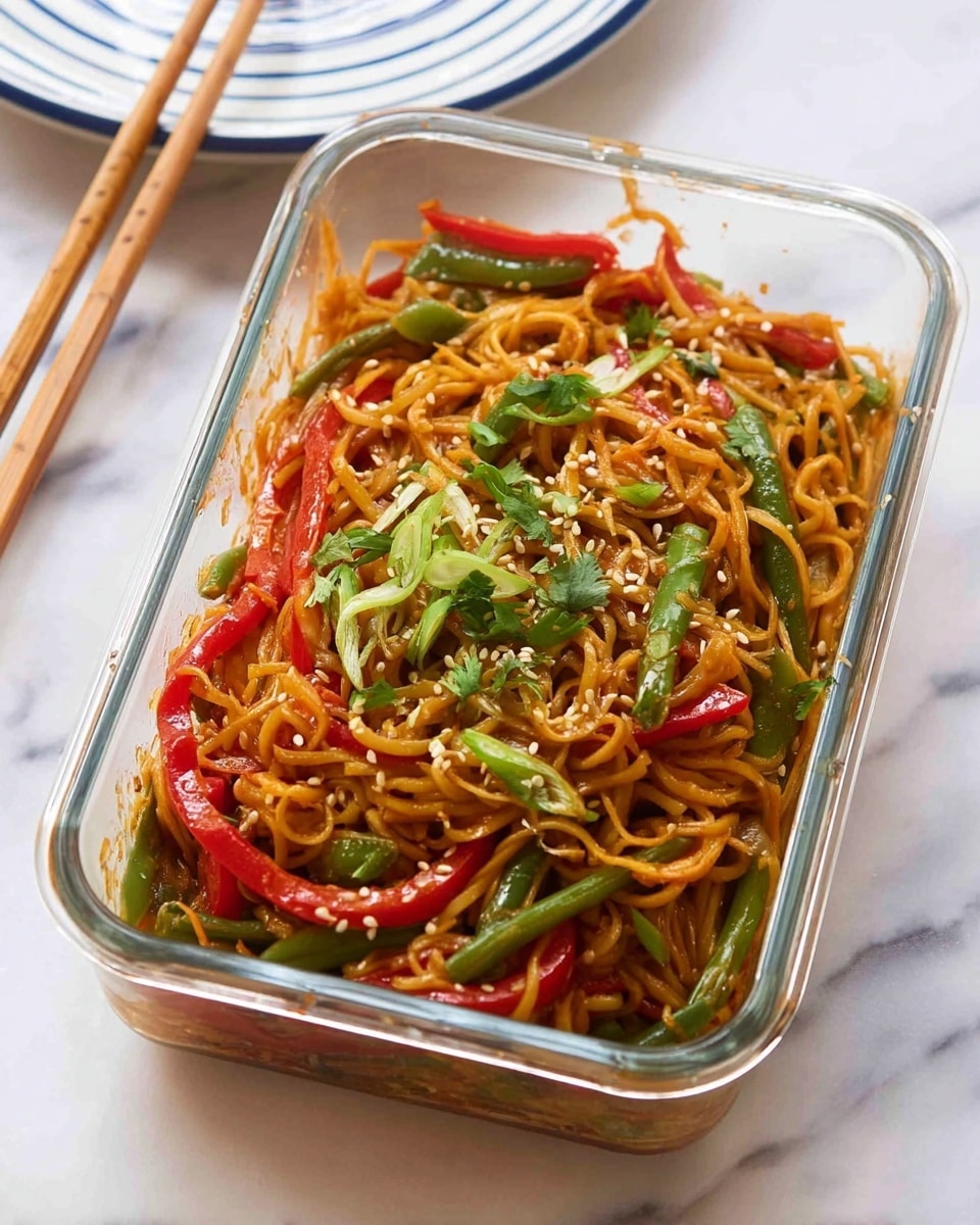 The image shows a clear rectangular glass container filled with stir-fried noodles mixed with green beans, red bell pepper strips, and thin carrot slices. The noodles are coated with a glossy light brown sauce, sprinkled with white sesame seeds and garnished with thin slices of green onion and fresh green herbs on top. The container is set on a white marbled surface, with a pair of wooden chopsticks resting on a white plate with blue stripes in the background. photo taken with an iphone --ar 4:5 --v 7