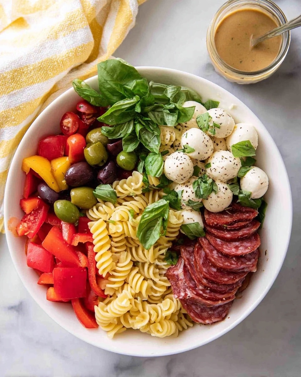 A white bowl holds a colorful layered salad with six sections arranged side by side. Starting at the top right, there are small white mozzarella balls sprinkled with black pepper and fresh green basil leaves. To the right of that, there are thin slices of dark red salami, also topped with basil leaves. Below the salami, light yellow spiral pasta is placed with more basil on top. On the bottom left, bright red sliced bell peppers add color. Above that, there are dark purple and green olives mixed together. Finally, at the top left, halved red cherry tomatoes are topped with more fresh green basil leaves. The bowl sits on a white marbled surface, nearby a small glass jar with a light brown dressing and a yellow and white striped cloth. Photo taken with an iphone --ar 4:5 --v 7