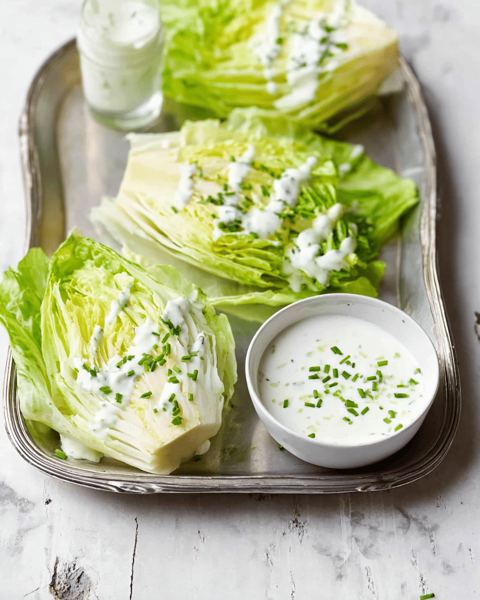 A silver tray holds four pieces of pale green iceberg lettuce wedges, each showing multiple layers of crisp, light green and white leaves. The closest wedge has a drizzle of creamy white dressing topped with small green chive bits. Next to it is a small white bowl filled with thick white dressing sprinkled with chopped chives. The whole scene sits on a white marbled surface, creating a fresh and clean look. Photo taken with an iphone --ar 4:5 --v 7