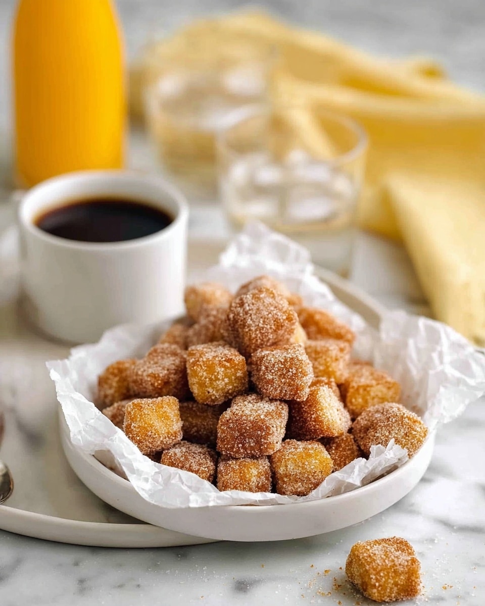 A white plate holds a small bowl lined with lightly crumpled white parchment paper filled with many small, square, golden brown treats coated with a grainy sugar layer, some spilling slightly onto the plate; next to the bowl is a white cup filled with dark black coffee, and in the background there is a glass bottle with orange juice and two clear glasses with ice, all set on a white marbled surface with a soft yellow cloth blurred in the background. photo taken with an iphone --ar 4:5 --v 7