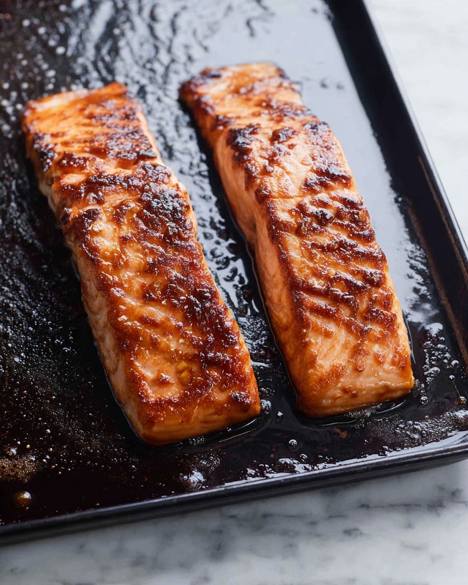 Two thick salmon fillets with a crispy, caramelized orange-brown crust sit on a shiny black metal baking tray. The surface of the fillets shows grill marks and a slightly oily texture with browned edges. The tray is wet with cooking oil that reflects light, creating a glossy look, and there are no other items in the frame. The background is a white marbled texture. Photo taken with an iphone --ar 4:5 --v 7