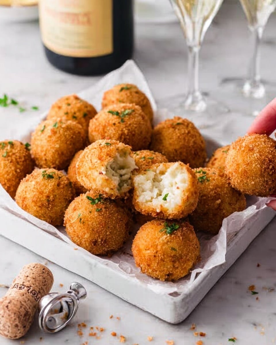 A white rectangular tray filled with golden brown, crispy arancini balls garnished with small green herbs, showing one arancini ball broken open at the top to reveal a creamy white rice filling. The tray is lined with white paper and is placed on a white marbled surface with a woman’s hand holding one ball on the side. Around the tray, there are a champagne cork, metal bottle top fastener, part of a champagne bottle, and two empty champagne flutes, all slightly blurred in the background. Photo taken with an iphone --ar 4:5 --v 7