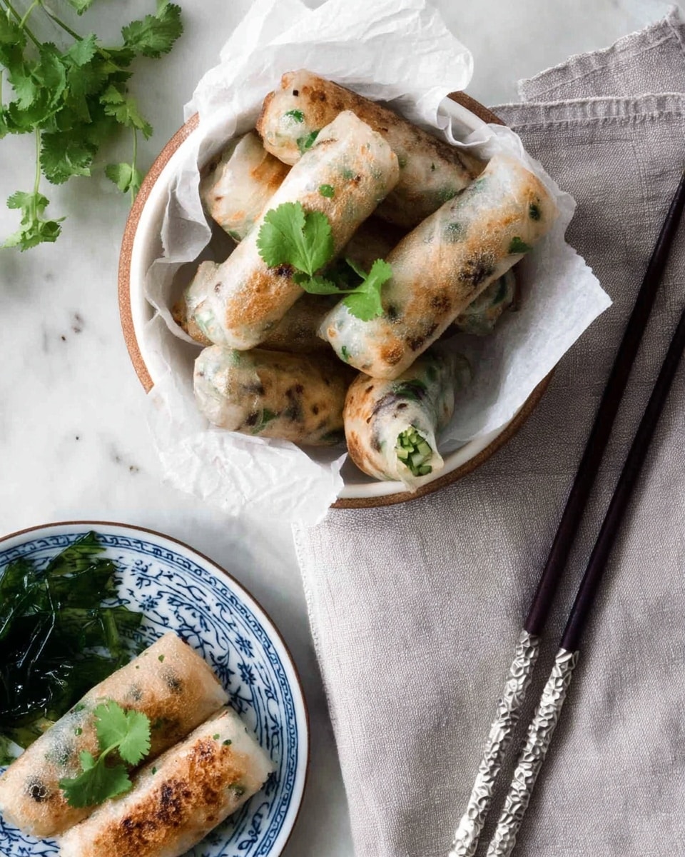 A white bowl lined with white parchment paper holds several lightly browned spring rolls with a translucent, slightly crispy skin, speckled with green herbs inside and garnished with fresh green cilantro leaves on top. Nearby, on a white plate with blue patterns and a brown rim, two of the spring rolls rest beside dark green cooked leafy vegetables and a single cilantro leaf on one roll. Black chopsticks rest on a silver chopstick holder set on a light gray cloth, all placed against a white marbled surface background. photo taken with an iphone --ar 4:5 --v 7