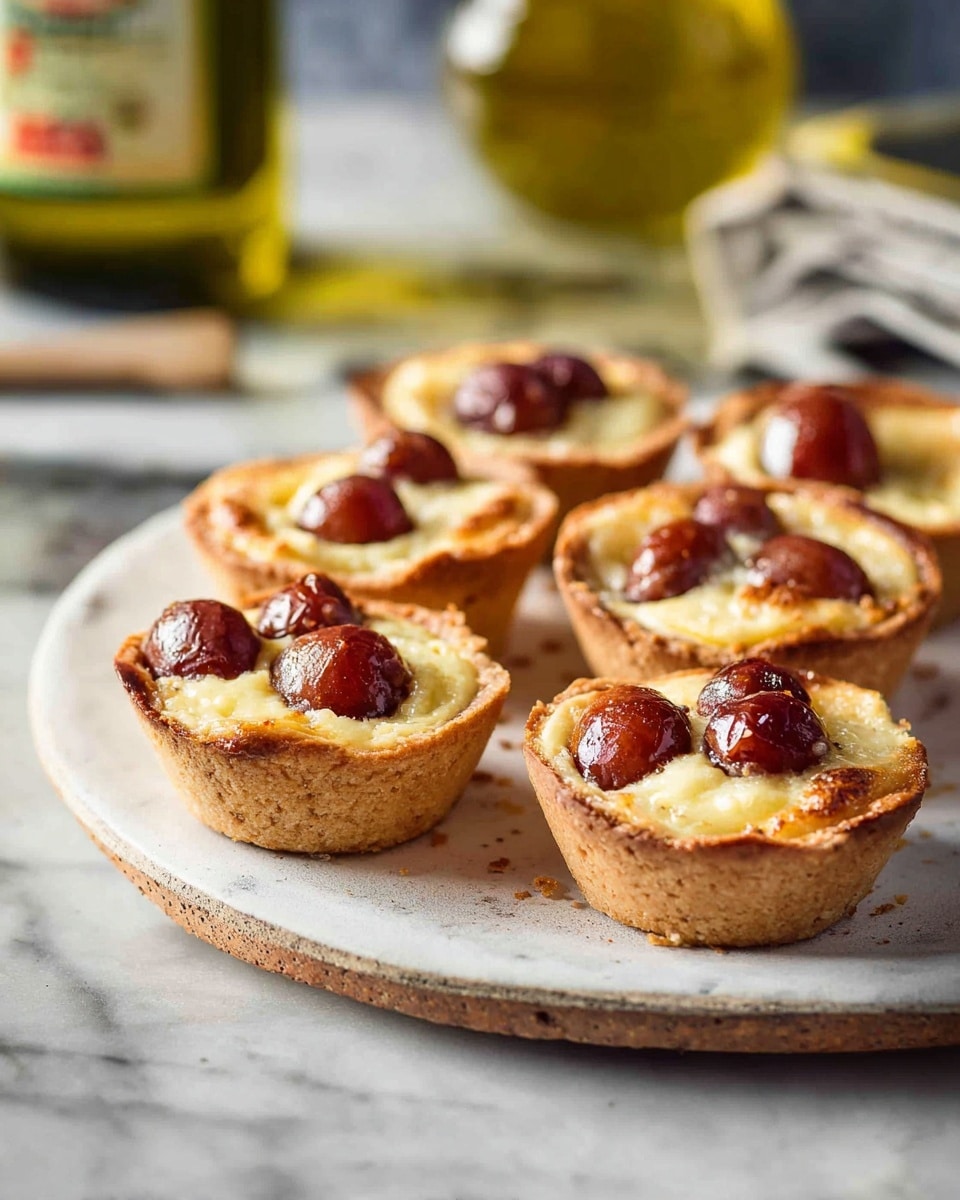 There are six small baked tartlets placed on a round white plate with a slightly raised edge. Each tartlet has a thick, golden-brown crust forming the base and sides, with a creamy pale yellow filling inside. On top of the filling are several small, round, and glossy reddish-brown grape halves scattered evenly in each tartlet. The plate sits on a white marbled surface, with a blurred olive oil bottle and other kitchen items in the soft background, creating a warm and cozy setting. photo taken with an iphone --ar 4:5 --v 7