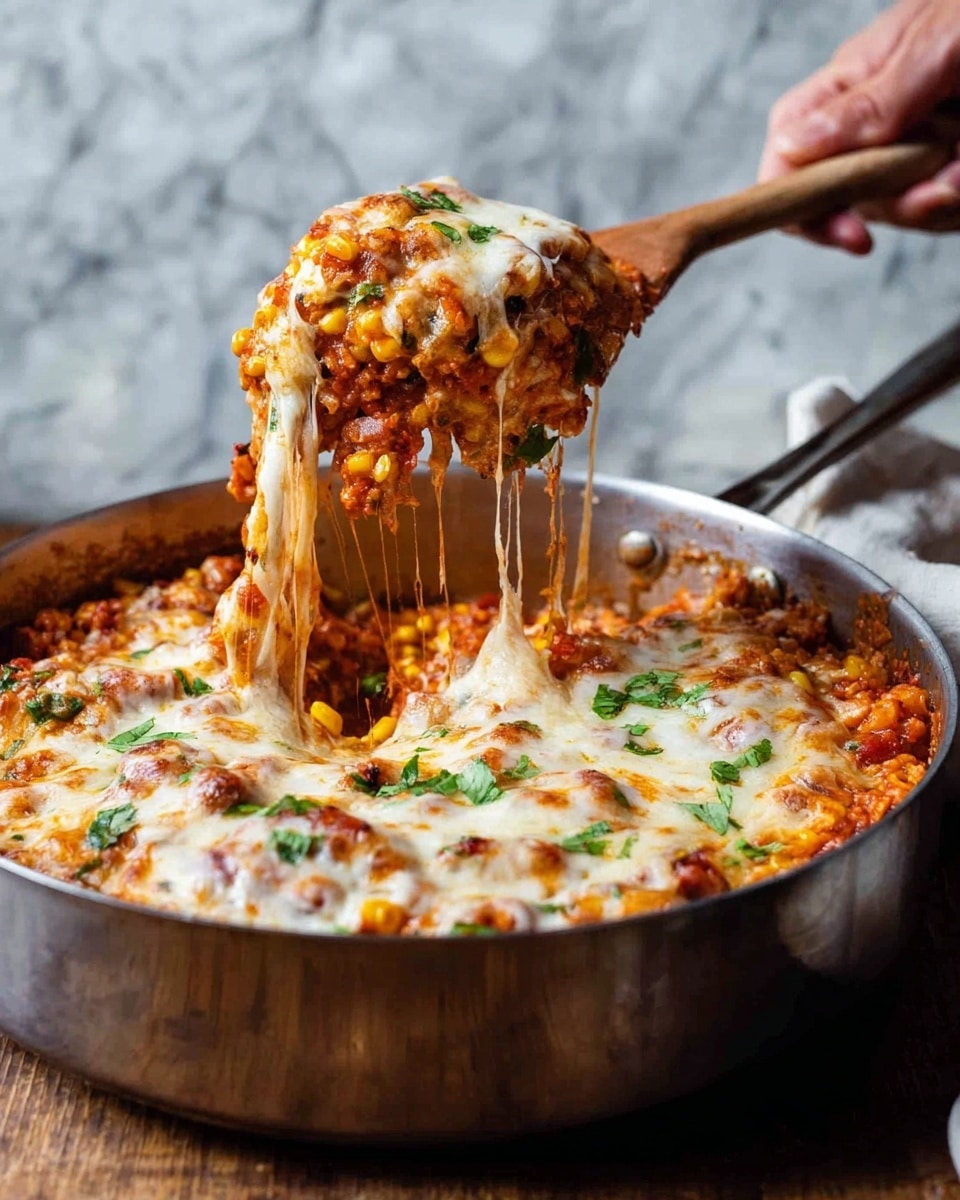 The image shows a large pan filled with a baked dish that has thick, melted cheese on top, which is golden-brown in some spots and stretching as a portion is lifted with a wooden spoon by a woman's hand. Under the cheese layer, there is a mix of reddish-orange tomato sauce with visible pieces of corn, green herbs, and bits of vegetables, creating a textured and colorful base. The pan itself is metal and rests on a wooden surface, but the background has been changed to a white marbled texture. photo taken with an iphone --ar 4:5 --v 7