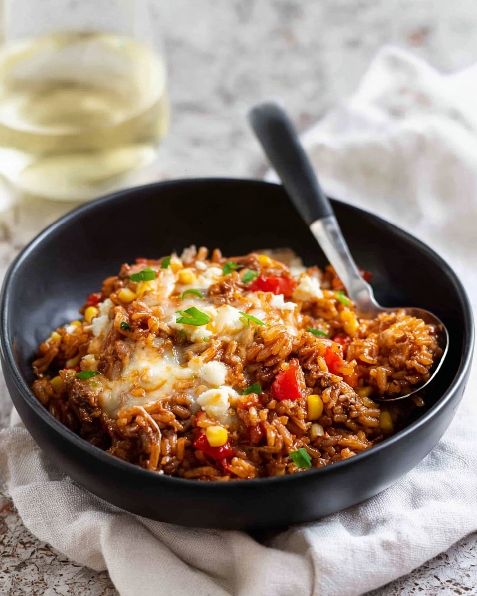 A black bowl filled with a layered dish consisting of reddish-brown rice mixed with shredded meat, small pieces of bright yellow corn, and red bell pepper chunks, all topped with melted white cheese that is slightly browned in spots. Small green herb pieces are scattered throughout the dish, adding contrast. A silver spoon with a black handle is partially inserted into the food. The bowl rests on a white cloth over a white marbled textured surface. In the blurred background, there is a glass with a light yellow drink. Photo taken with an iphone --ar 4:5 --v 7