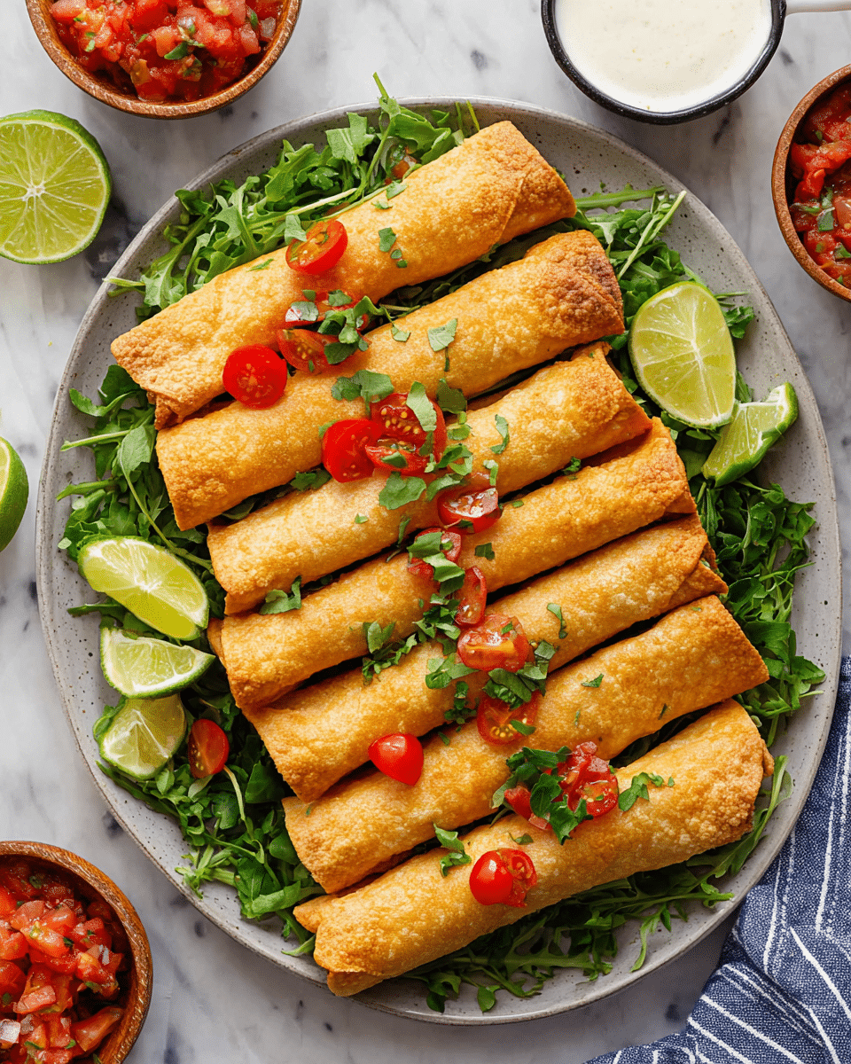 Nine golden-brown rolled taquitos are neatly aligned in two rows on a white plate, resting on a bed of fresh green leafy herbs. Bright red cherry tomato halves and small green herb leaves are scattered on top of the taquitos, adding vibrant color. Lime wedges with a pale green inside border the edges of the white plate. Surrounding the plate on a white marbled surface are small bowls filled with red salsa, chopped tomatoes, green herbs, and creamy white dipping sauce, with a blue and white striped cloth partially visible on one side. Photo taken with an iphone --ar 4:5 --v 7