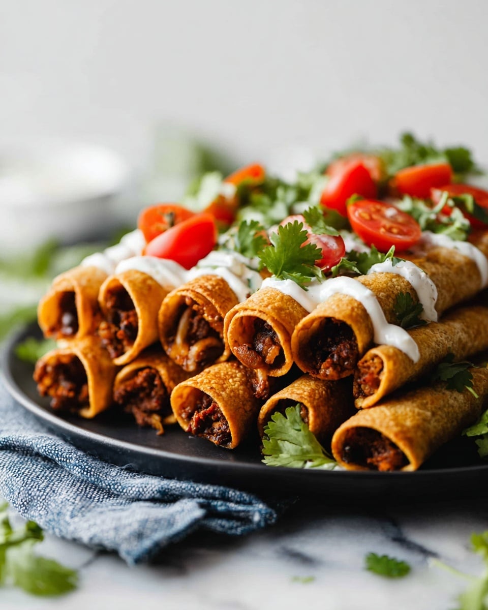 The image shows a stack of seven golden-brown rolled tacos filled with dark seasoned meat, arranged neatly on a black plate. Each taco is topped with fresh green cilantro leaves, bright red halved cherry tomatoes, and white creamy sauce drizzled over them. The plate sits on a folded blue and white cloth napkin, all placed on a white marbled surface. The scene is bright with a soft focus on the background, drawing attention to the textures and colors of the tacos in the front. photo taken with an iphone --ar 4:5 --v 7