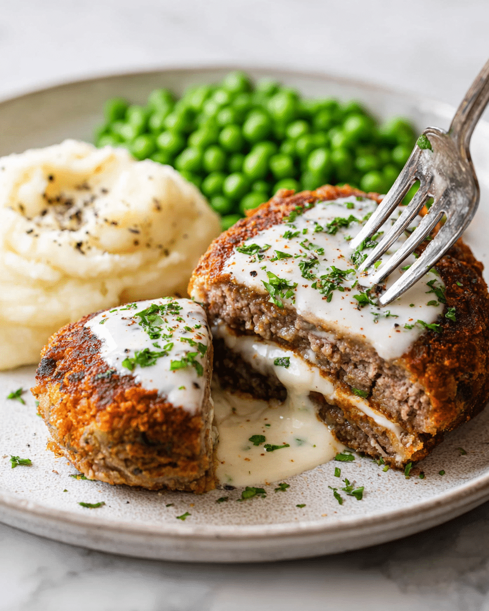 A white plate on a white marbled surface holds two thick, round meat patties that are golden brown and crispy on the outside. One patty is cut in half, showing a soft brown meat layer inside with a creamy white sauce oozing out between the two halves. The patties are topped with a white sauce sprinkled with chopped green herbs and black pepper. To the side, there is a smooth, creamy white mashed potato serving and a pile of bright green peas with a light sprinkle of black pepper. A fork piercing the top half of the cut patty adds focus to the creamy sauce and crispy texture. Photo taken with an iphone --ar 4:5 --v 7