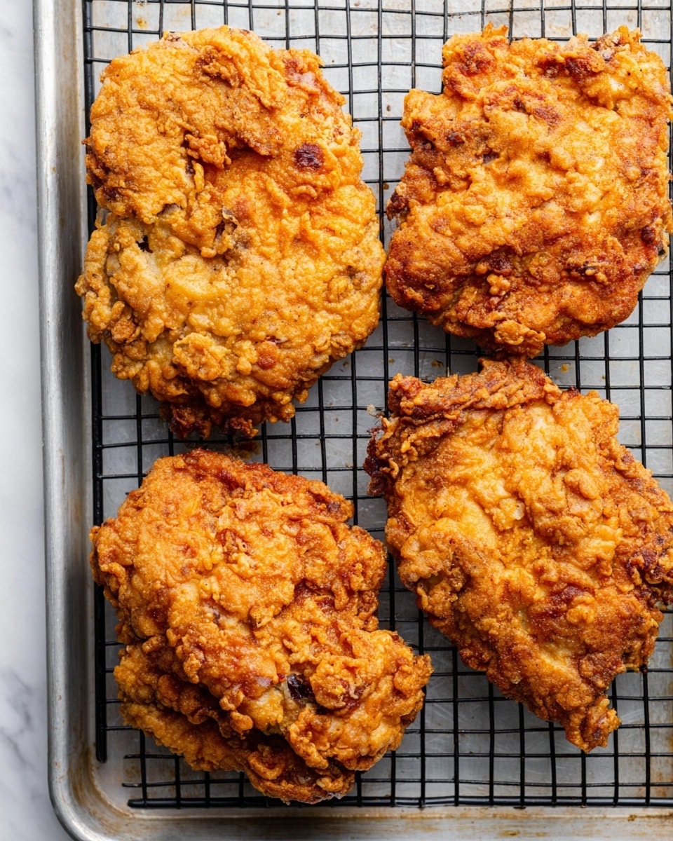 The image shows four pieces of fried chicken resting on a black wire rack placed over a metal baking tray, all set on a white marbled surface. Each piece of chicken is golden brown with a rough and crispy texture, showing uneven, crunchy edges and small pebbled areas of darker crispiness. The chicken pieces vary in shape and size but all have a thick, crunchy coating with hints of visible seasoning. The surface of the fried chicken has a mix of light and dark golden hues that highlight the crispy, textured crust. Photo taken with an iphone --ar 4:5 --v 7