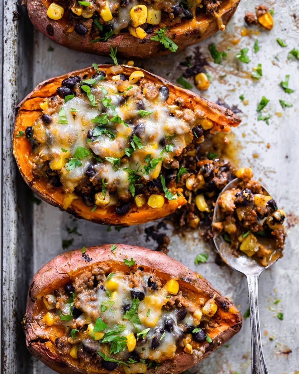 Three roasted sweet potatoes are split open and filled with a mixture of ground meat, black beans, corn, and onions, creating a textured and colorful filling with shades of brown, black, yellow, and white. The sweet potatoes have a slightly crispy, reddish-brown skin, and their bright orange flesh is visible beneath the filling. Melted cheese with a gooey texture tops each stuffed potato, spreading unevenly and blending with the filling. Fresh green herbs casually garnish the dish, adding a pop of color. A vintage silver spoon scoops into one of the potatoes, revealing the layered filling inside. The potatoes rest directly on a baking tray with some scattered bits of filling around. The scene uses a white marbled textured background, enhancing the warm colors of the food. photo taken with an iphone --ar 4:5 --v 7