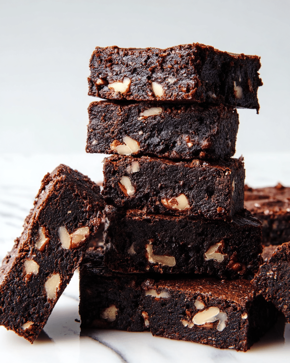 A stack of dark brown brownies with visible pieces of light brown nuts inside each square piece is displayed on a white marbled surface. The brownies appear moist and have a slightly rough texture on the top, with the nuts scattered evenly throughout the dense, dark chocolate layers. There are three stacks in total, each composed of several rectangular brownie pieces, with one piece leaning diagonally on top of the middle stack, showing the thickness and texture of the brownies clearly. Photo taken with an iphone --ar 4:5 --v 7