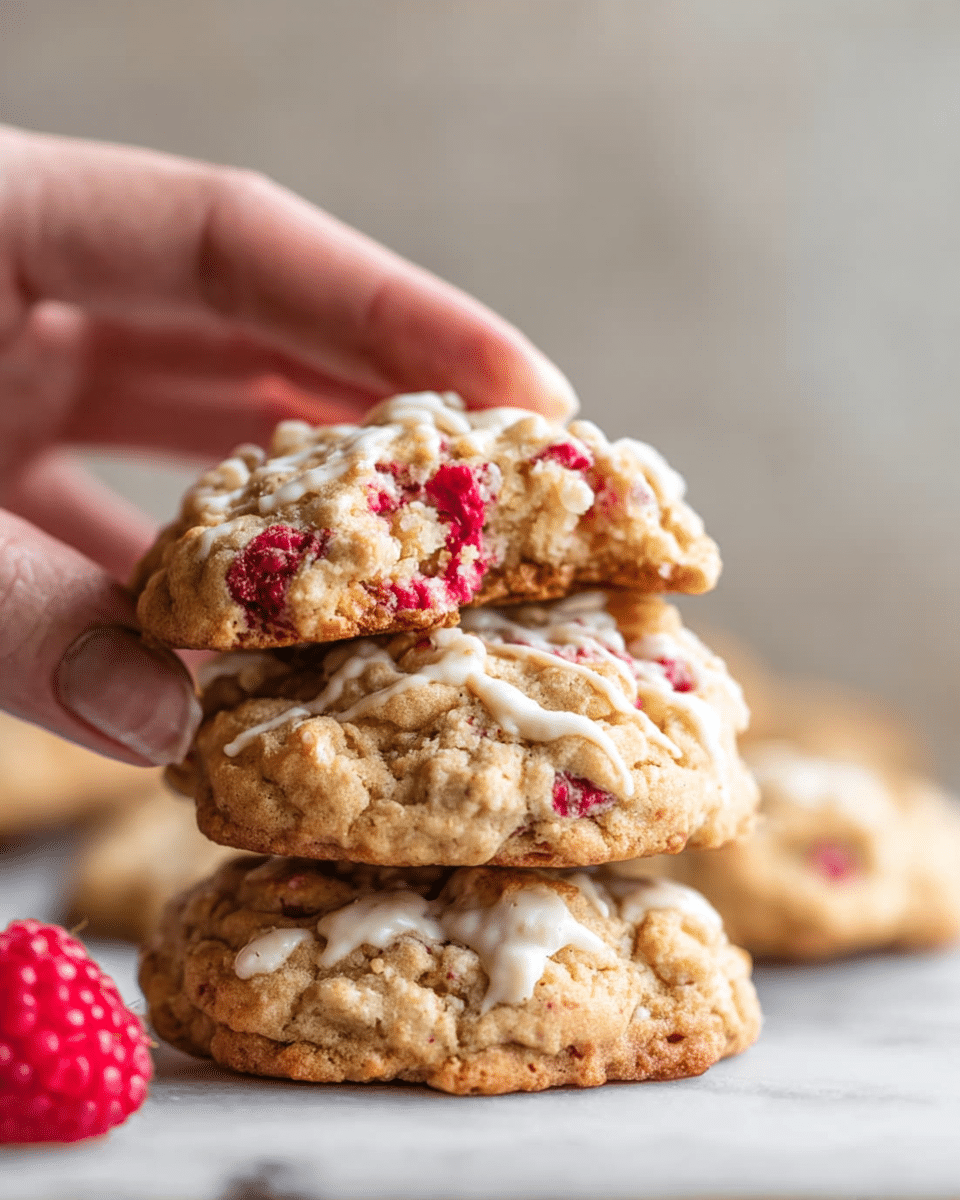 A stack of three thick, soft cookies sits on a white marbled surface, each cookie showing a light golden-brown color with rough texture and visible chunks of red raspberries and white drizzle on top. The top cookie, held slightly above the stack by a woman's hand, reveals a mix of crumbly edges and chewy center with bits of fruit peeking through. A fresh raspberry lies to the left in the foreground, adding a pop of bright red color. The background is soft and out of focus, giving attention to the cookies’ rich details. photo taken with an iphone --ar 4:5 --v 7