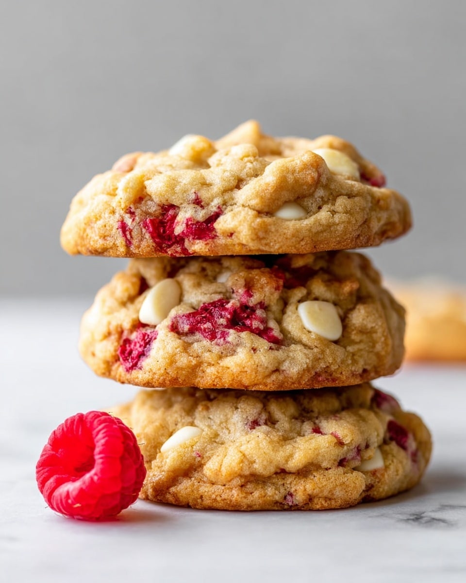 Three thick cookies are stacked on top of each other on a white marbled surface. Each cookie is golden brown with a soft and chunky texture, showing pieces of red raspberries and white chocolate embedded inside. The cookies look chewy with a slightly crispy edge. A single bright red raspberry sits next to the bottom cookie. The background is smooth and neutral gray, keeping the focus on the cookies. photo taken with an iphone --ar 4:5 --v 7
