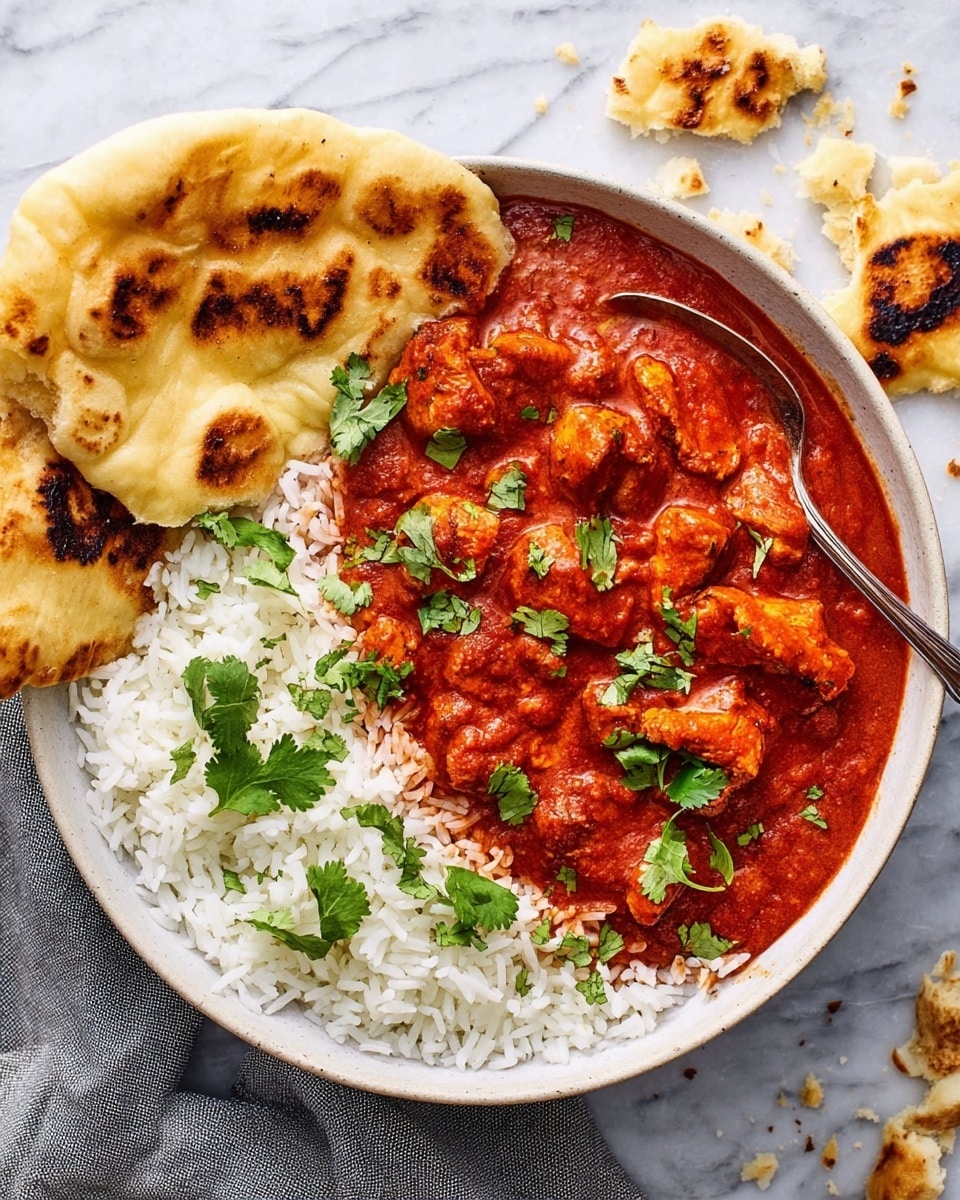 A white bowl filled with two main layers: the bottom layer is white rice arranged around the edge of the bowl, while the top layer is a rich red curry with visible chunks of chicken and a smooth sauce covering most of the rice. Bright green cilantro leaves are scattered on top of the curry, adding a fresh pop of color. Next to the bowl, on a white marbled surface, there are pieces of light brown naan with toasted char marks. A silver fork lies near the naan, and small crumbs are scattered around. photo taken with an iphone --ar 4:5 --v 7