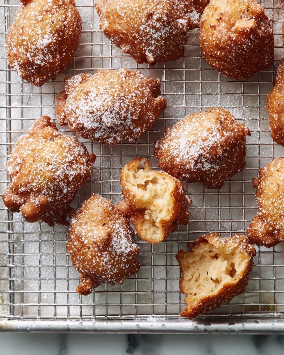 Several golden brown fritters with an irregular round shape rest on a silver cooling rack. The fritters have a rough, crispy surface and are dusted with a light layer of white powdered sugar. One fritter near the bottom right is broken, showing a soft, airy interior with a light beige color. The rack sits on a silver tray, all placed on a white marbled textured surface. photo taken with an iphone --ar 4:5 --v 7