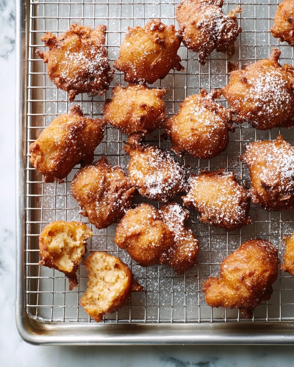 A metal cooling rack holding about twenty small, golden brown fritters with irregular shapes is set on a white marbled surface. Each fritter has a crispy, rough texture with some darker fried edges and is lightly dusted with white powdered sugar. Two of the fritters have a bite taken out of them, showing a soft, crumbly, light brown inside. The cooling rack sits inside a silver baking tray that frames the fritters neatly. photo taken with an iphone --ar 4:5 --v 7