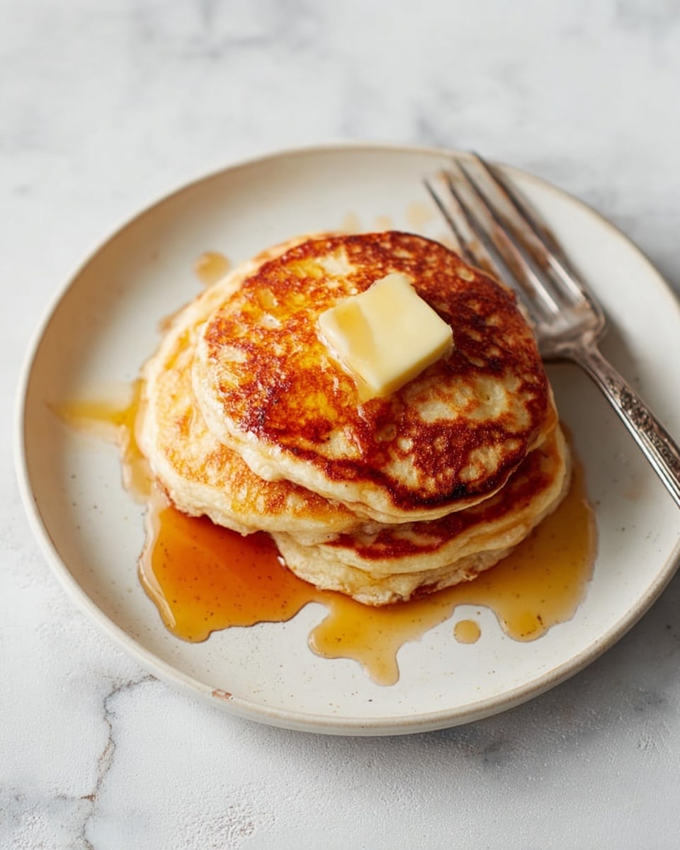 A white plate holds a stack of two thick, fluffy pancakes with a golden-brown surface that shows a light, uneven caramelized pattern. Each pancake has a small dollop of melting butter on top, and golden syrup is drizzled around and partly over the pancakes, pooling slightly on the plate. A silver fork lies on the plate to the right of the stack, with its handle extending outward. The plate sits on a white marbled texture surface. Photo taken with an iphone --ar 4:5 --v 7