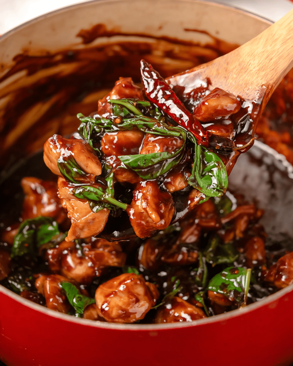 The image shows a close-up of a glossy dark brown sauce coating chunks of cooked chicken, fresh green basil leaves, and a whole dried red chili pepper held by a wooden spoon above a red pot. The sauce looks sticky and thick, wrapping the tender chicken pieces and vibrant green leaves, with the background inside the pot showing traces of the same sauce on the sides. The texture is shiny and rich, and the dish has a warm, savory feel. The surface below the pot is a white marbled texture. Photo taken with an iphone --ar 4:5 --v 7