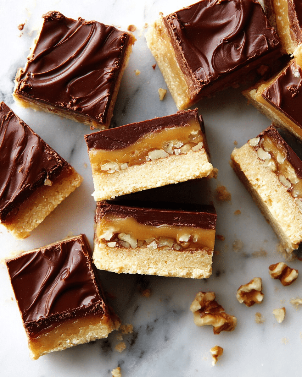 The image shows a group of square dessert bars on a white marbled surface, each with three clear layers: a bottom crumbly pale beige crust, a middle golden brown caramel layer with visible walnut pieces scattered throughout, and a thick, smooth dark brown chocolate layer on top with slight swirls. Some bars are stacked while others lie flat, showing the contrasting textures of crunchy nuts, soft caramel, and glossy chocolate. Small crumbs are scattered around the bars, adding a casual homemade feel. photo taken with an iphone --ar 4:5 --v 7