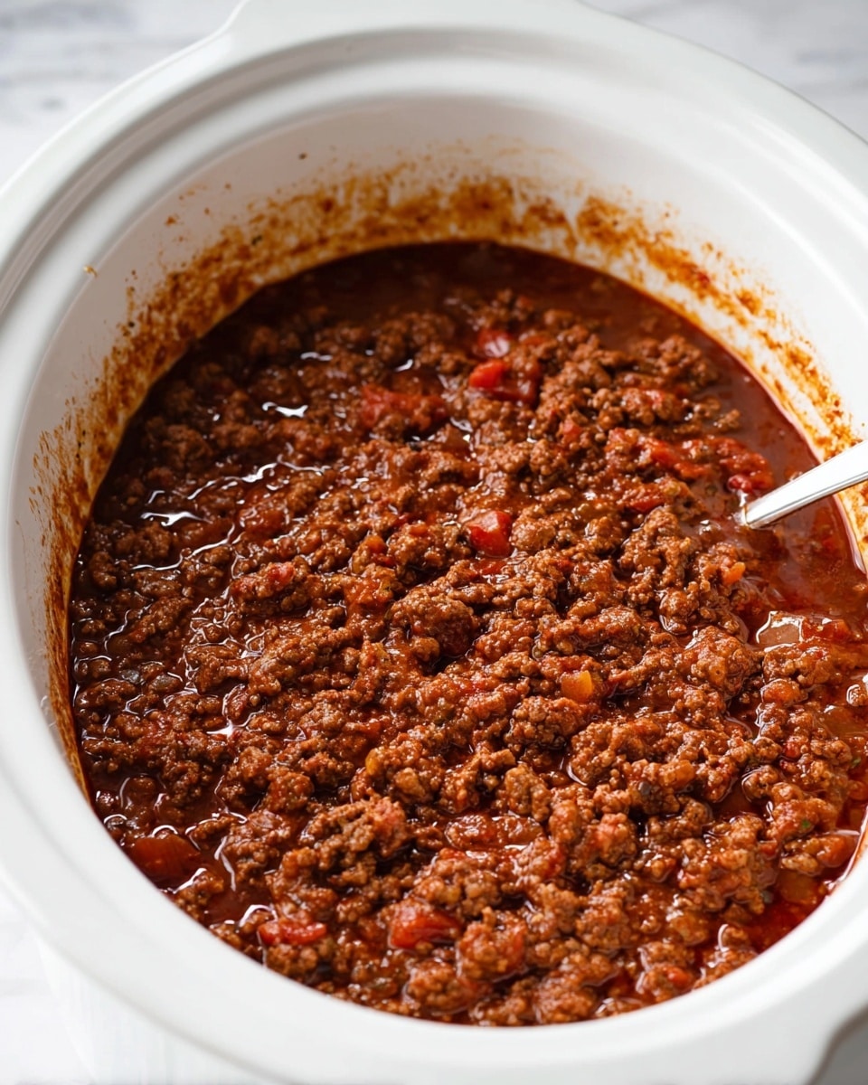 A close-up view of a white slow cooker filled with rich, dark reddish-brown chili, showing one layer of ground meat cooked in a thick sauce with visible chunks of diced onions and tomatoes throughout; the sauce has a glossy, slightly oily texture with bits clinging to the sides of the cooker. The background is a white marbled surface. photo taken with an iphone --ar 4:5 --v 7