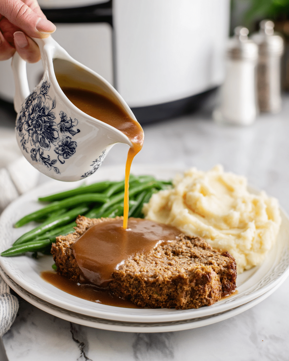 A white plate on a white marbled surface holds a serving of meatloaf, mashed potatoes, and green beans. The meatloaf, with a rough, crumbly texture and brown color, is placed in the front right, while smooth, creamy, pale yellow mashed potatoes sit behind it. Bright green, slender green beans lay to the left of the mashed potatoes. A woman's hand is pouring thick brown gravy from a white gravy boat with a blue floral pattern onto the meatloaf, creating a glossy layer of sauce flowing down its sides. In the background, a white appliance and salt and pepper shakers are slightly out of focus. photo taken with an iphone --ar 4:5 --v 7