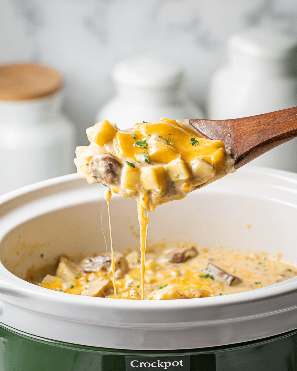 A wooden spoon is lifting a creamy stew from a white crockpot with a green base. The stew has three main layers visible: a thick, melted cheese layer on top with a shiny, yellow-orange color; beneath it, a creamy mix of diced potatoes, corn kernels, and mushrooms in a light beige sauce; and small bits of green herbs sprinkled on top. The stew looks rich and gooey with cheese strings stretching down from the spoon back into the pot. The background is softly blurred white marbled texture with white kitchen jars or containers visible. photo taken with an iphone --ar 4:5 --v 7