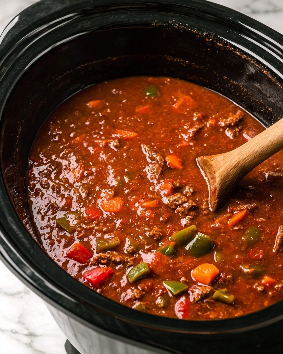 The image shows a close-up of a slow cooker filled with a thick stew. The stew has a rich reddish-brown sauce with visible chunks of green and red bell peppers, orange carrots, and pieces of meat. A smooth wooden spoon is dipped on the right side, partially submerged in the stew. The slow cooker is black inside with a glossy finish, and it sits on a white marbled surface. Photo taken with an iphone --ar 4:5 --v 7