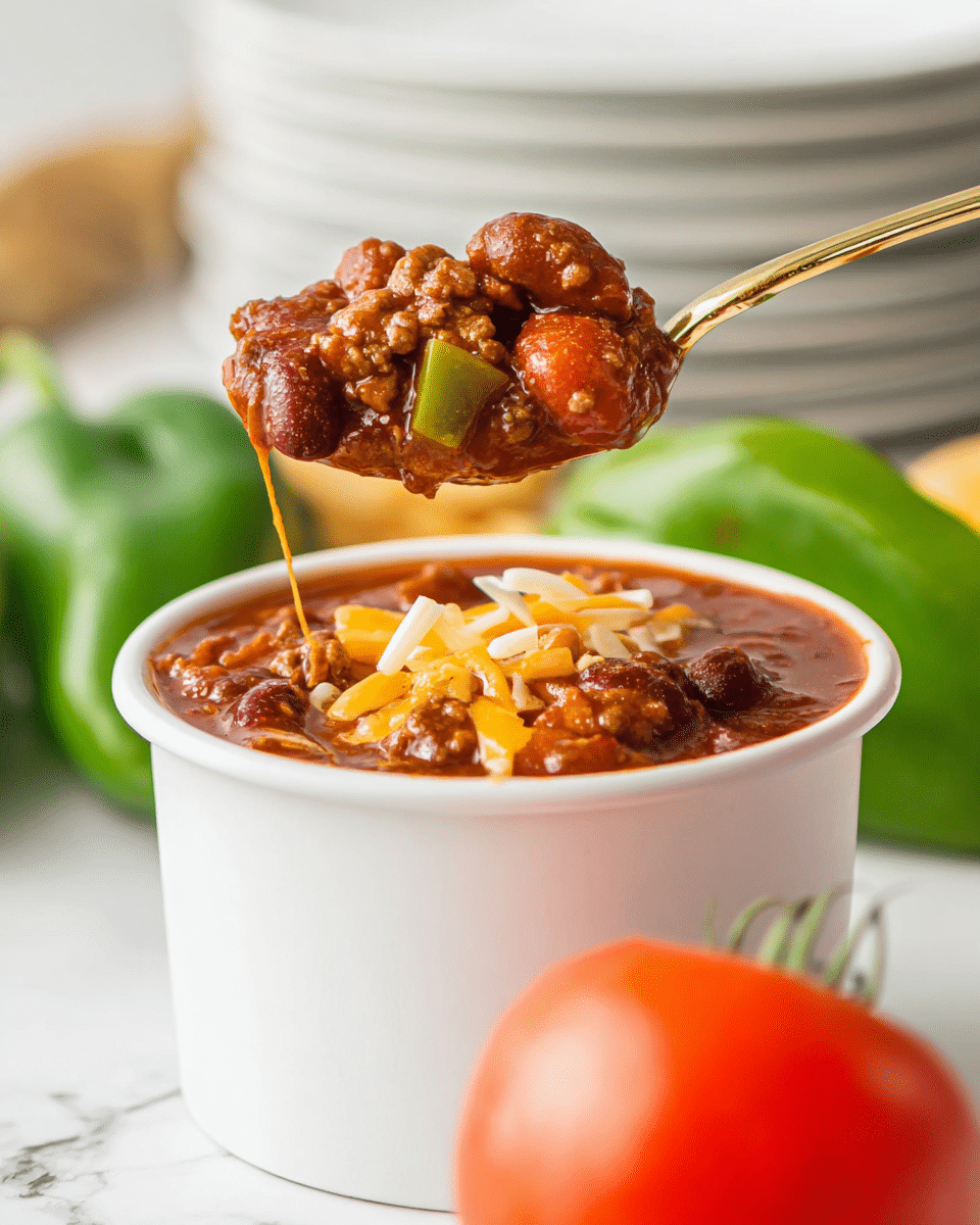 A white cup filled with thick chili showing dark red beans, chunks of brown meat, and bright green pieces of pepper in a rich dark reddish sauce, topped with shredded yellow and white cheese melting into the chili; a gold spoon lifting a portion of chili with visible beans, meat, and cheese stretching slightly, held above the cup; in the foreground, a bright red tomato is slightly out of focus, while green peppers and stacked white plates blur in the white marbled background. Photo taken with an iphone --ar 4:5 --v 7