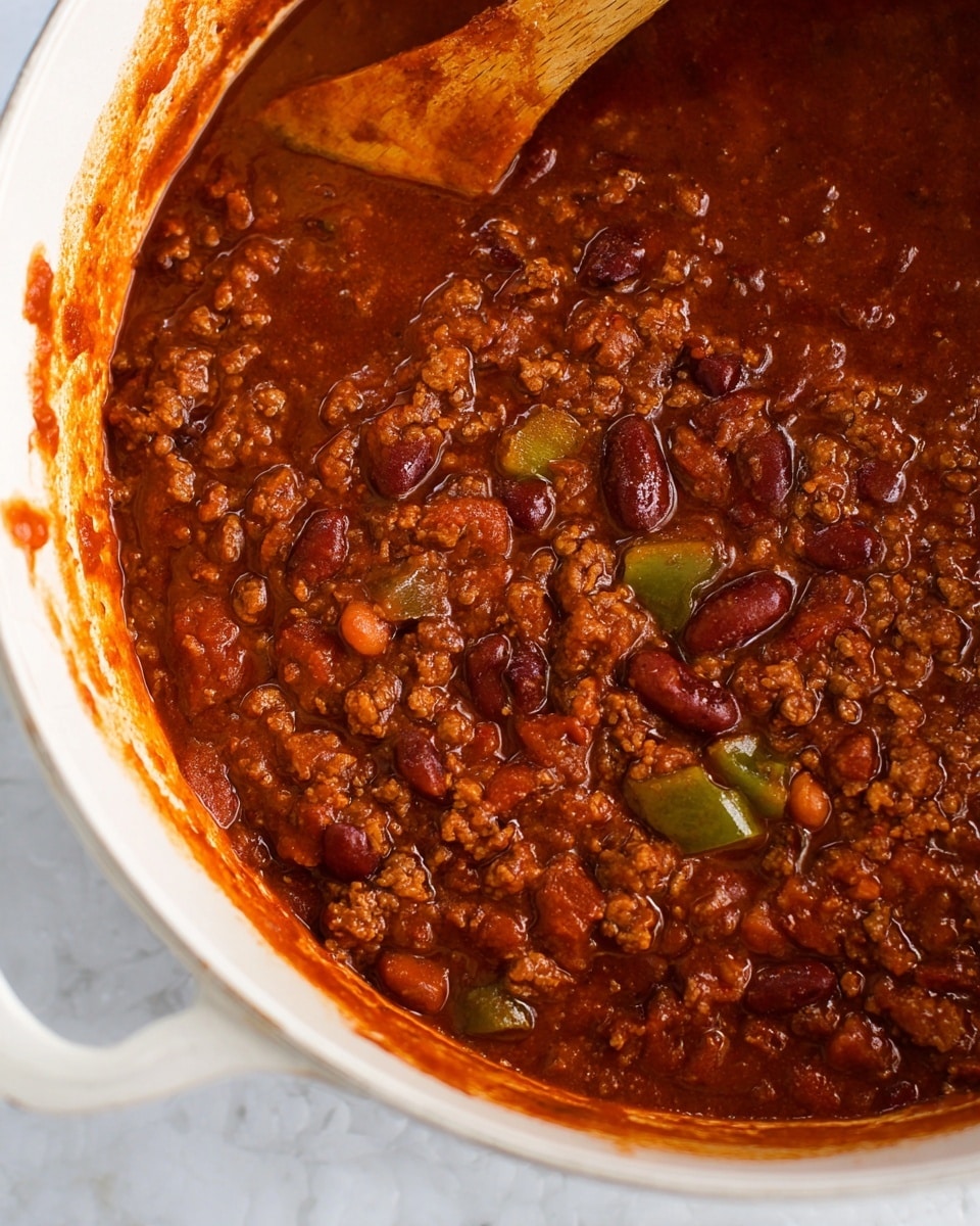A close-up of a thick chili stew inside a large white bowl, showing rich layers of dark red sauce mixed with kidney beans, small chunks of green bell pepper, and browned ground meat. The chili has a glossy texture with visible bits of spices and vegetables spread evenly throughout the dark reddish-brown liquid. A wooden spoon is partially submerged on the left side, coated with sauce and resting against the side of the bowl. The edges of the bowl have splatters of sauce, and the bowl sits on a white marbled surface. Photo taken with an iphone --ar 4:5 --v 7