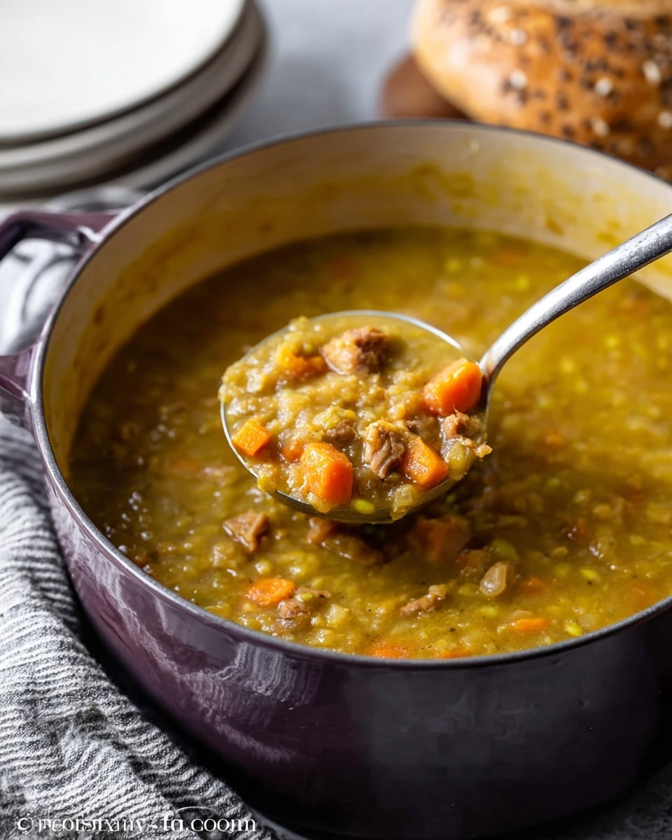 A close-up of a thick soup in a dark purple pot, showing a silver ladle scooping out a portion. The soup is chunky and mostly mustard yellow in color, filled with small, soft pieces of orange carrots and brown meat. The pot is placed on a light gray surface next to a folded, gray-striped cloth. In the blurry background, there are stacked white plates and a round piece of bread with seeds visible. photo taken with an iphone --ar 4:5 --v 7