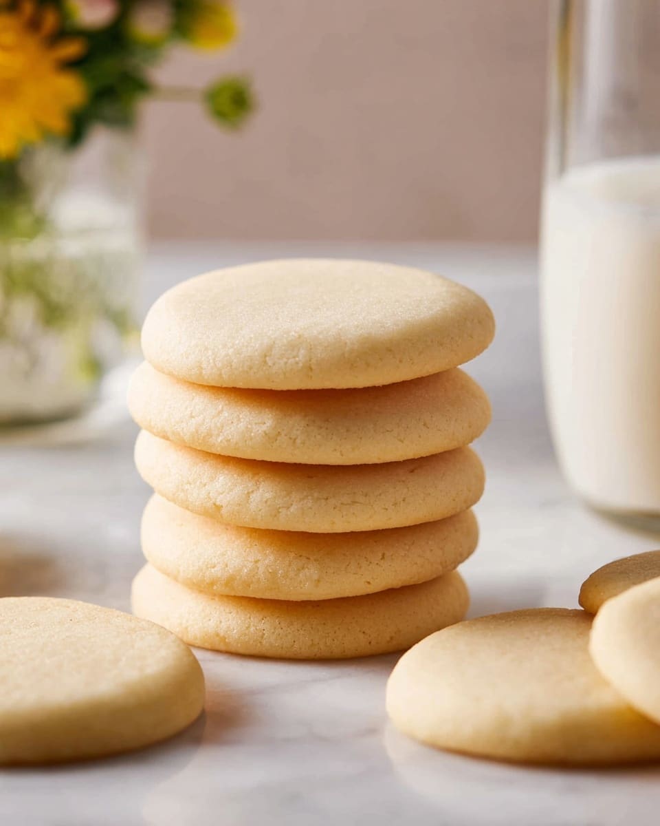 A stack of four round, light beige cookies with a smooth texture sits centered on a white marbled surface, each cookie evenly thick and slightly soft-looking. Around the stack, several more cookies lie flat, showing their uniform pale color and smooth finish. In the background to the right, a clear glass filled with creamy white milk is partially visible, while blurred hints of a glass vase with green and yellow flowers create a soft, warm atmosphere. The scene is simple, clean, and inviting, emphasizing the soft texture and light color of the cookies. photo taken with an iphone --ar 4:5 --v 7