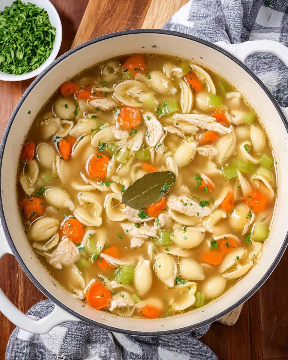 A white pot filled with chicken noodle soup shows a warm broth with three main visible layers: thick, light golden broth at the base with small herbs floating throughout, medium-sized pasta shells in creamy beige scattered evenly, and vibrant vegetable pieces including bright orange carrot slices and light green celery chunks mixed with shredded white chicken. A single fresh bay leaf floats near the center, adding green color. The pot sits on a wooden surface with a gray and white checkered cloth folded nearby, and a white bowl with green chopped herbs is slightly visible in the background. photo taken with an iphone --ar 4:5 --v 7