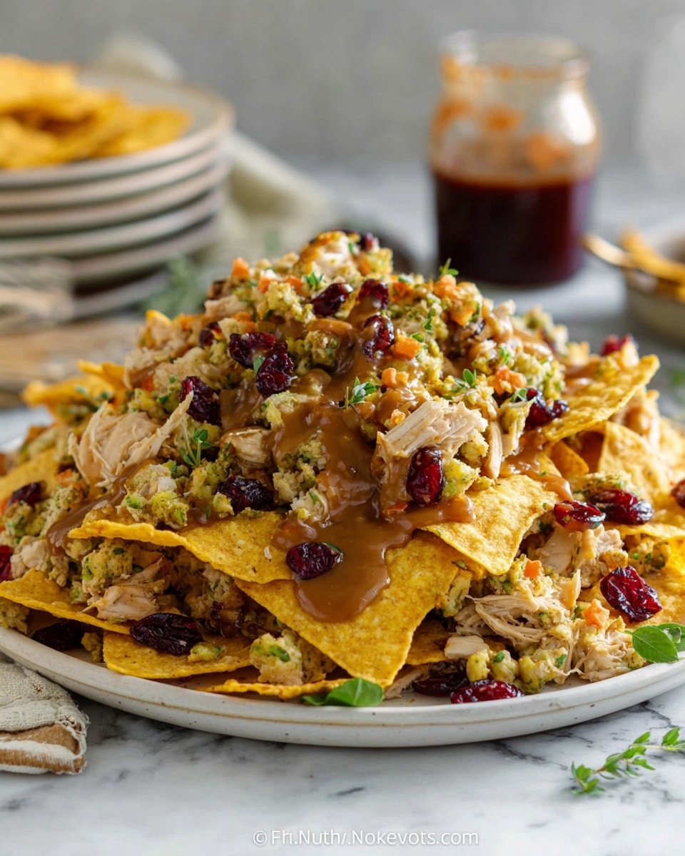 A close-up view of a multi-layered nacho dish in a white baking tray set on a white marbled surface, starting with a base layer of yellow tortilla chips. The next layer includes shredded white chicken pieces and small orange cubes, likely sweet potatoes, scattered evenly. Over that, there are toasted brownish, crumbly bits that appear to be stuffing mixed with green flecks of herbs, along with small pieces of green Brussels sprouts. Melted creamy white cheese is drizzled across the dish, blending the toppings together. On top, dollops of dark red cranberry sauce are placed sporadically, adding a pop of color contrast. photo taken with an iphone --ar 4:5 --v 7