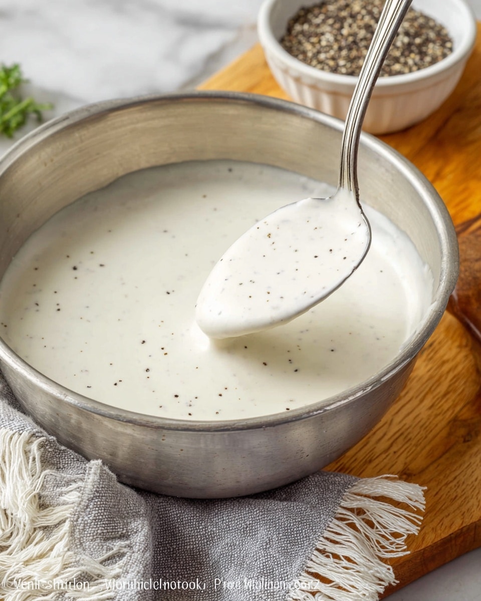 A close-up shot shows a shiny silver bowl filled with smooth, creamy white sauce speckled lightly with black pepper. A silver spoon scoops up the sauce, displaying its thick and velvety texture. In the background, a white bowl holds coarsely ground black pepper, set on a wooden surface partially covered by a light gray fringed cloth. The overall setting is on a white marbled texture. photo taken with an iphone --ar 4:5 --v 7
