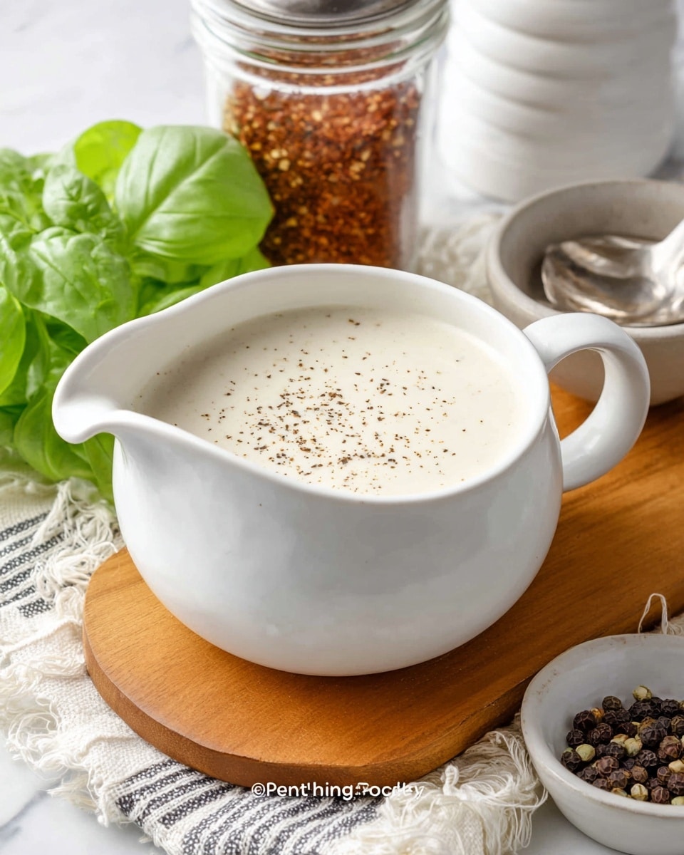 A white ceramic pitcher filled with smooth, creamy white sauce topped with small black pepper specks is placed on a light wooden board. Behind the pitcher, there is a clear glass pepper grinder and a white container filled with reddish-brown seasoning, with a small silver spoon resting inside. To the left, fresh green basil leaves add a touch of color, and in the lower right corner, a small white bowl holds cracked black pepper. The scene is set on a white marbled texture, with a white and gray striped cloth with fringes partially under the board. Photo taken with an iphone --ar 4:5 --v 7