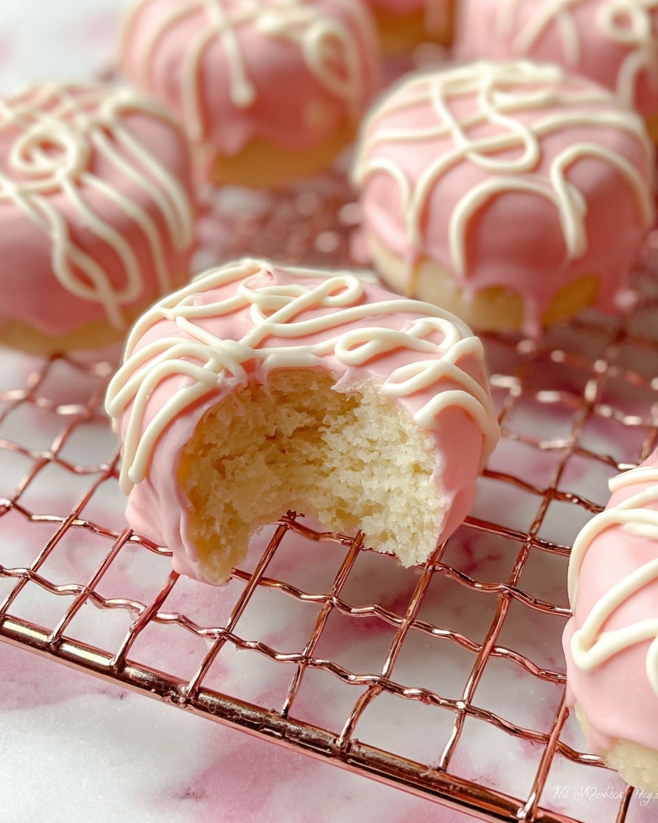 The image shows several small round treats on a copper wire rack with a white marbled surface below. Each treat has two main layers: a soft, light yellow cake base and a thick, smooth pink coating covering the entire outside. On top of the pink coating is a light cream-colored drizzle arranged in loose, looping patterns. One treat near the center has a visible bite taken out, revealing the fluffy yellow cake inside and a thin layer of light cream filling between the cake and the pink coating. The overall look is soft and sweet with delicate pastel shades. Photo taken with an iphone --ar 4:5 --v 7