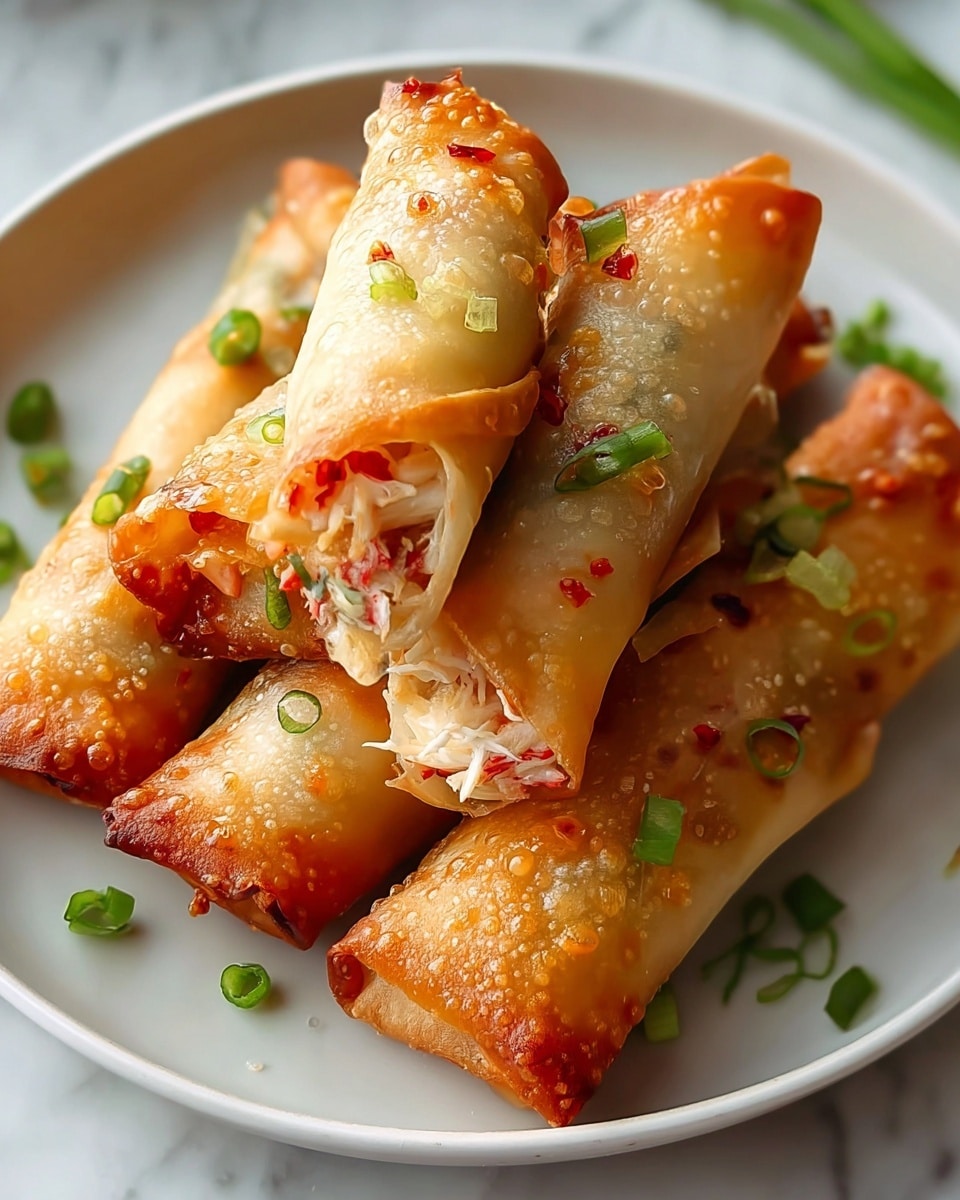 A white plate holds six golden-brown spring rolls with bubbly, crispy skin, stacked closely together. Some rolls show an open end filled with white shredded crab meat mixed with small red bits, possibly chili flakes. Bright green chopped scallions are scattered on and around the rolls, adding fresh pops of color. The plate sits on a white marbled surface, with soft natural lighting highlighting the textures and colors. photo taken with an iphone --ar 4:5 --v 7