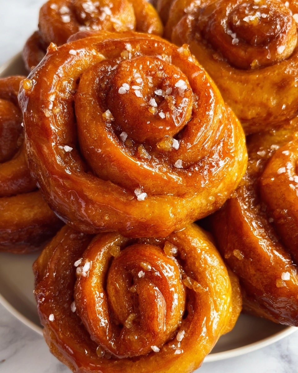 A close-up view of several cinnamon rolls with a shiny, golden-brown surface covered in a sticky glaze. The rolls have many layers of soft dough twisted tightly, showing swirls of cinnamon and sugar inside that give them a rich amber color with darker specks scattered throughout. Some granulated sugar and cinnamon crystals are sprinkled lightly on top, adding texture to the smooth, glossy finish. The rolls are resting closely together on a white plate, placed on a white marbled surface. photo taken with an iphone --ar 4:5 --v 7